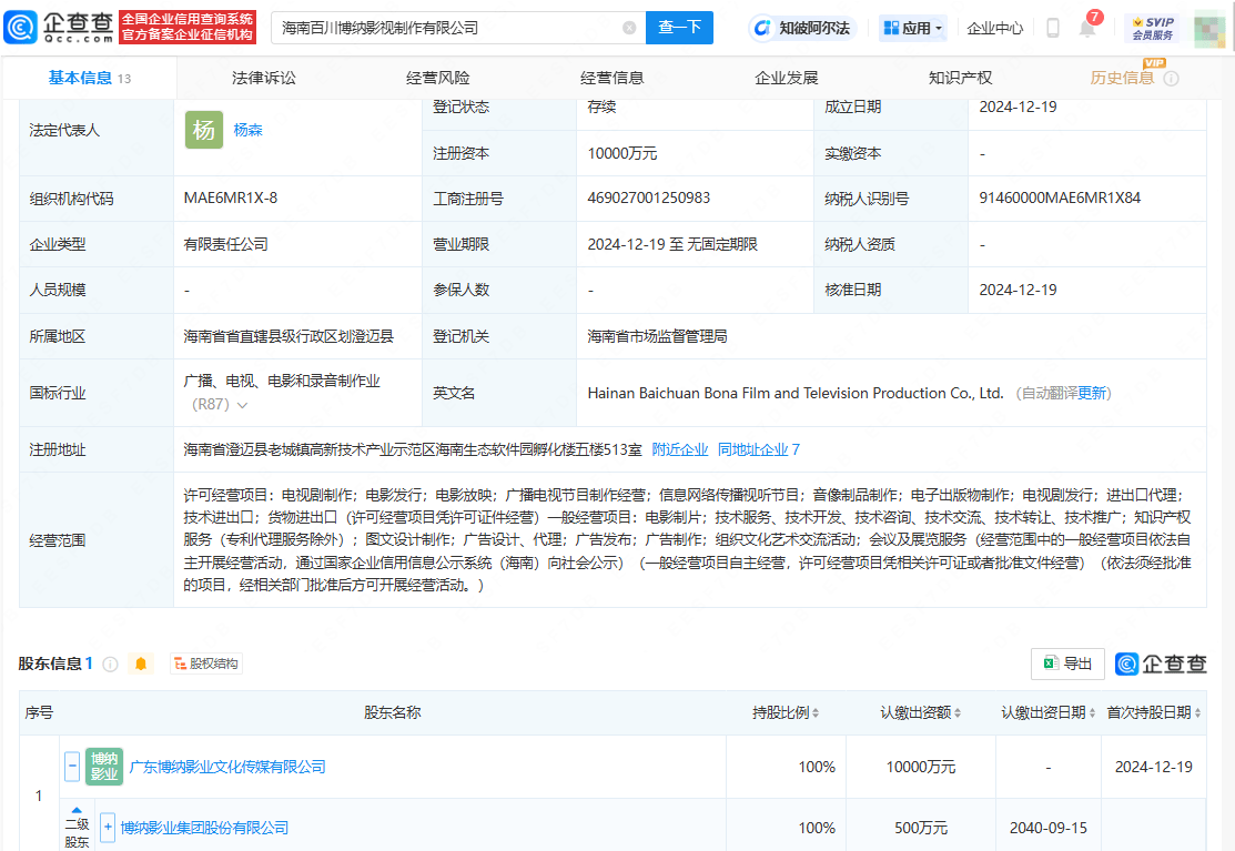 博納影業(yè)海南新設公司，注冊資本達億元，業(yè)務覆蓋影視制作全鏈條:影視制作